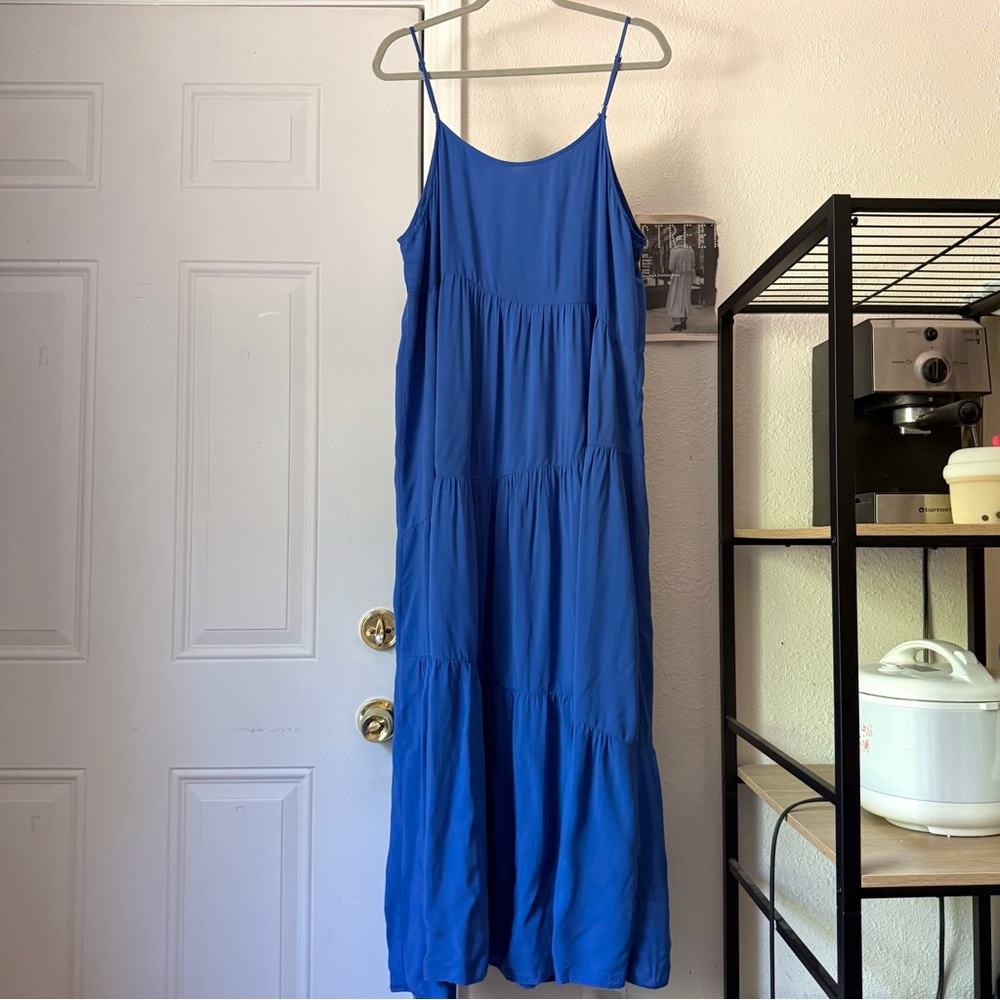 LCRRRN blue tiered rayon summer slip sleeveless midi maxi dress